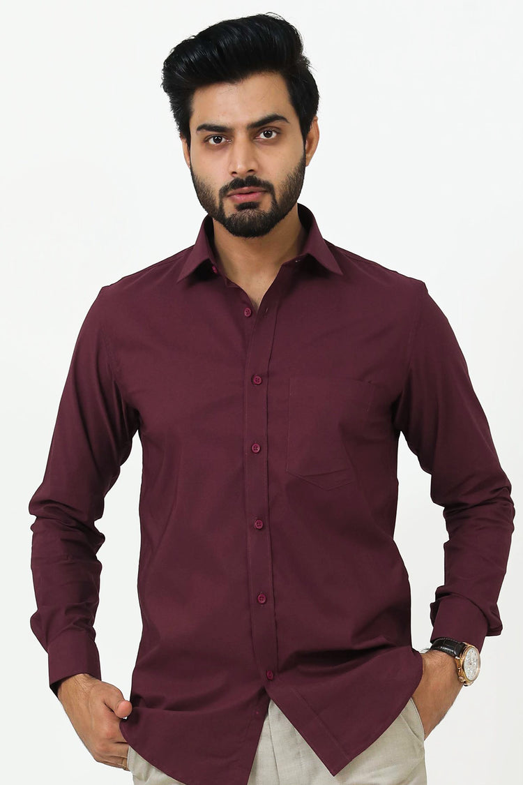 Bluebird Men's Dark Maroon Cotton Lycra Formal Shirt - Veshbhoshaa