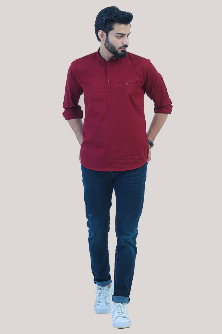 Bluebird Men's Short Kurta in Maroon- 100% Pure Cotton
