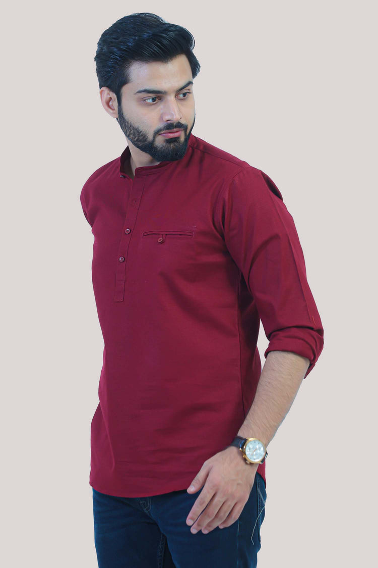 Bluebird Men's Short Kurta in Maroon- 100% Pure Cotton