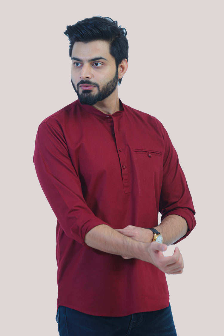 Bluebird Men's Short Kurta in Maroon- 100% Pure Cotton