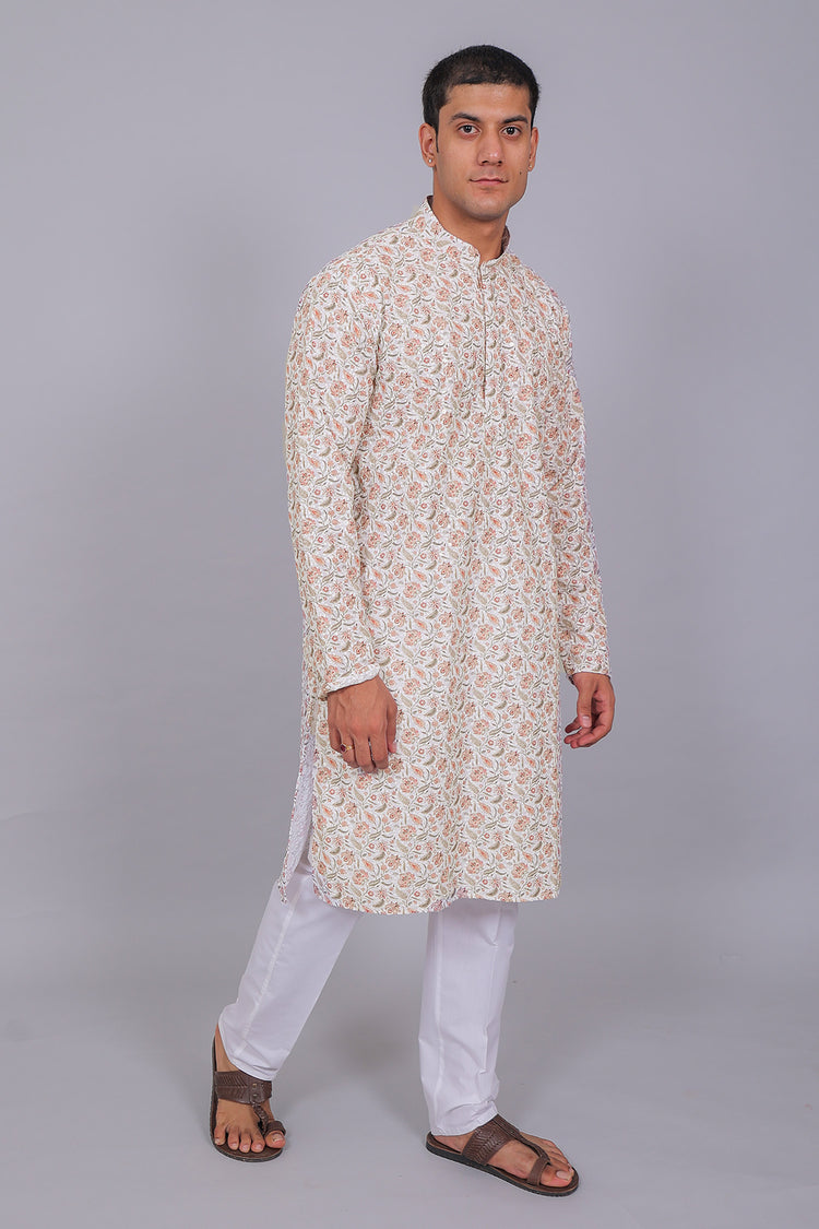 Bluesaanchi Men's Chikankari Threadwork & Sequin Kurta Set – White