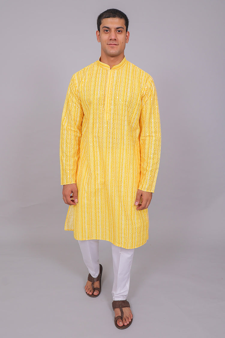 Bluesaanchi Men's Chikankari Threadwork & Sequin Kurta Set –Yellow