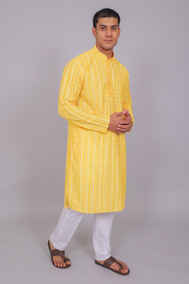 Bluesaanchi Men's Chikankari Threadwork & Sequin Kurta Set –Yellow