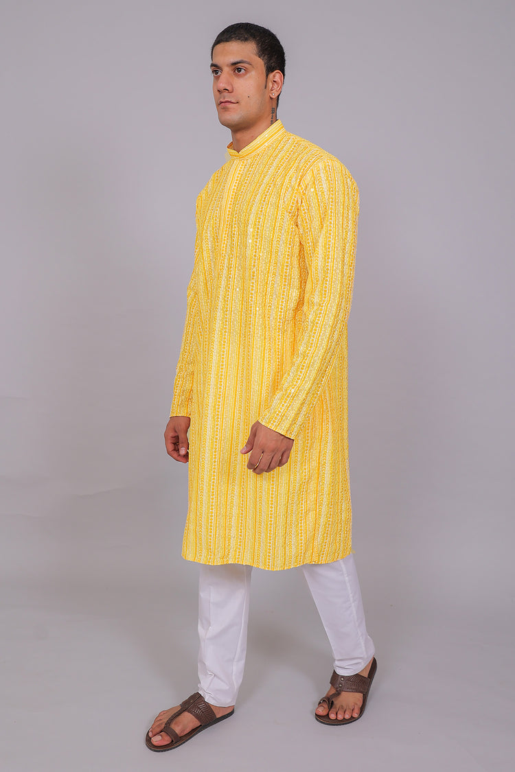 Bluesaanchi Men's Chikankari Threadwork & Sequin Kurta Set –Yellow