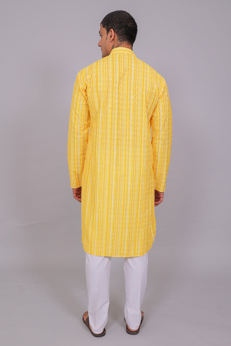 Bluesaanchi Men's Chikankari Threadwork & Sequin Kurta Set –Yellow