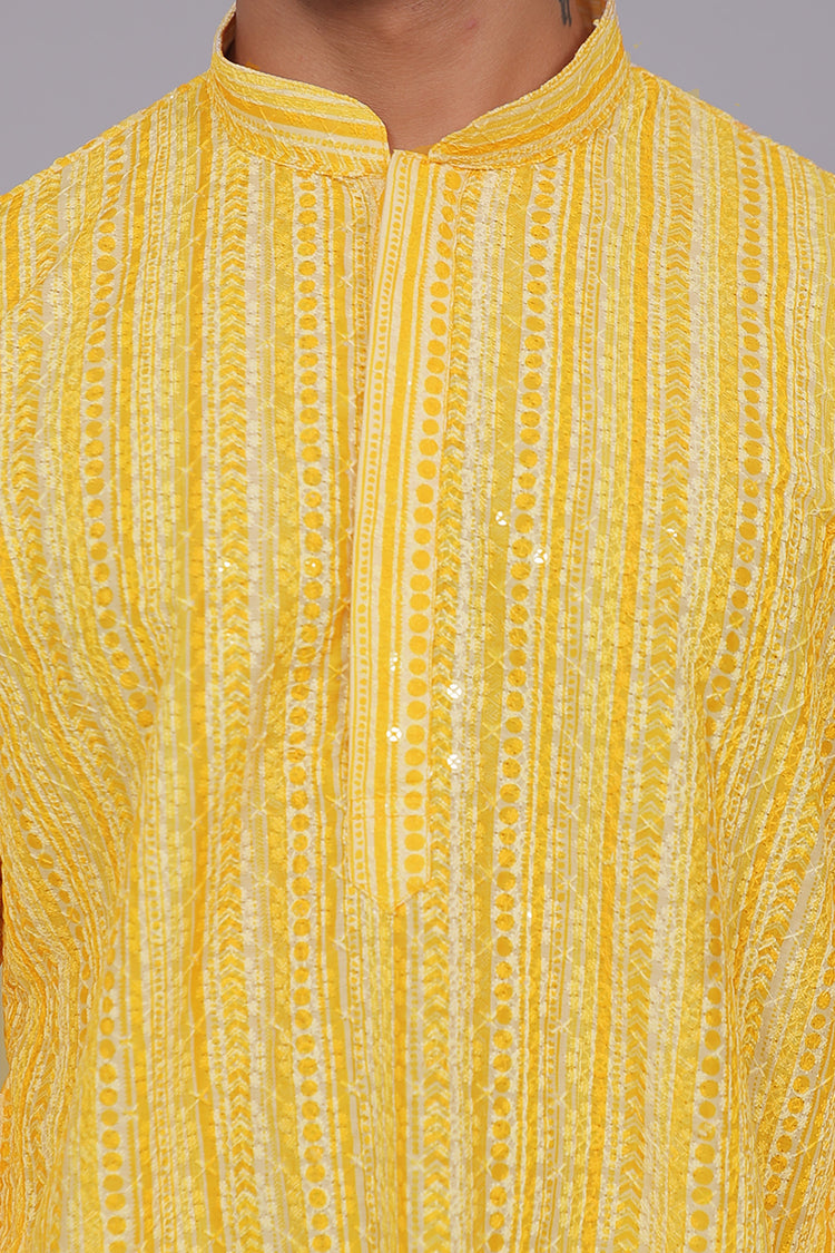 Bluesaanchi Men's Chikankari Threadwork & Sequin Kurta Set –Yellow