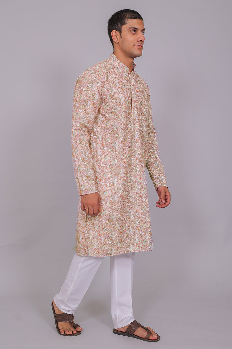 Bluesaanchi Men's Chikankari Threadwork & Sequin Kurta Set –Pink White
