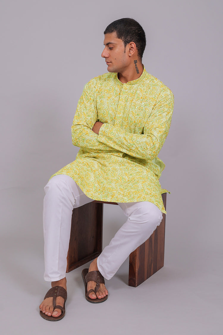 Bluesaanchi Men's Chikankari Threadwork & Sequin Kurta Set –White & Orange