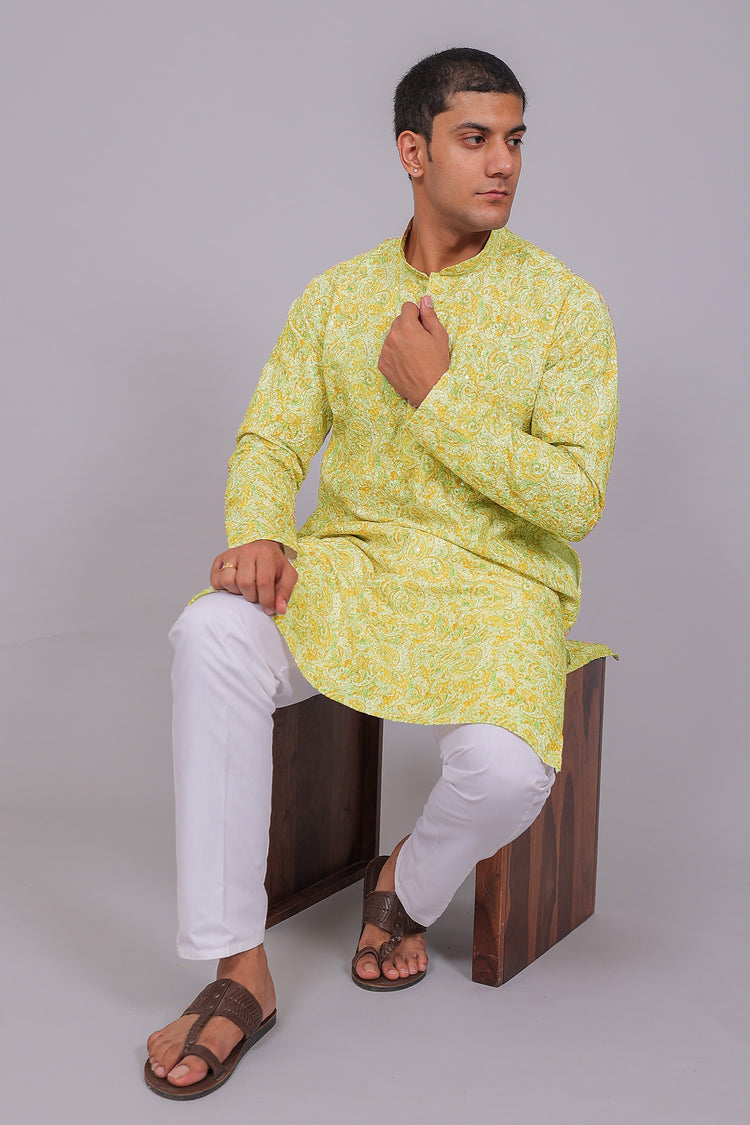 Bluesaanchi Men's Chikankari Threadwork & Sequin Kurta Set –White & Orange