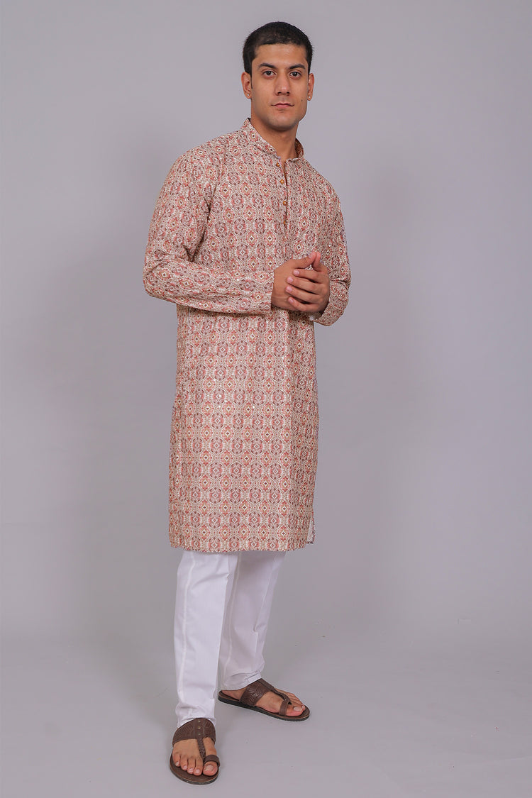 Bluesaanchi Men's Chikankari Threadwork & Sequin Kurta Set –Grey Pink
