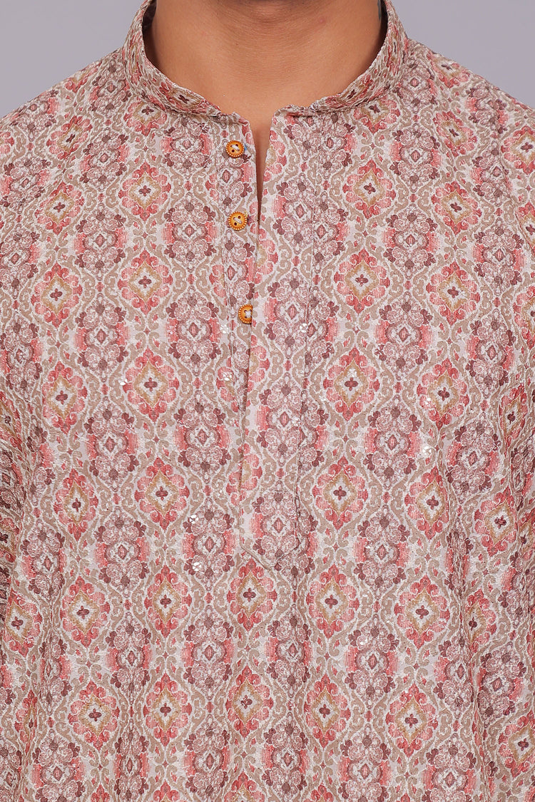 Bluesaanchi Men's Chikankari Threadwork & Sequin Kurta Set –Grey Pink