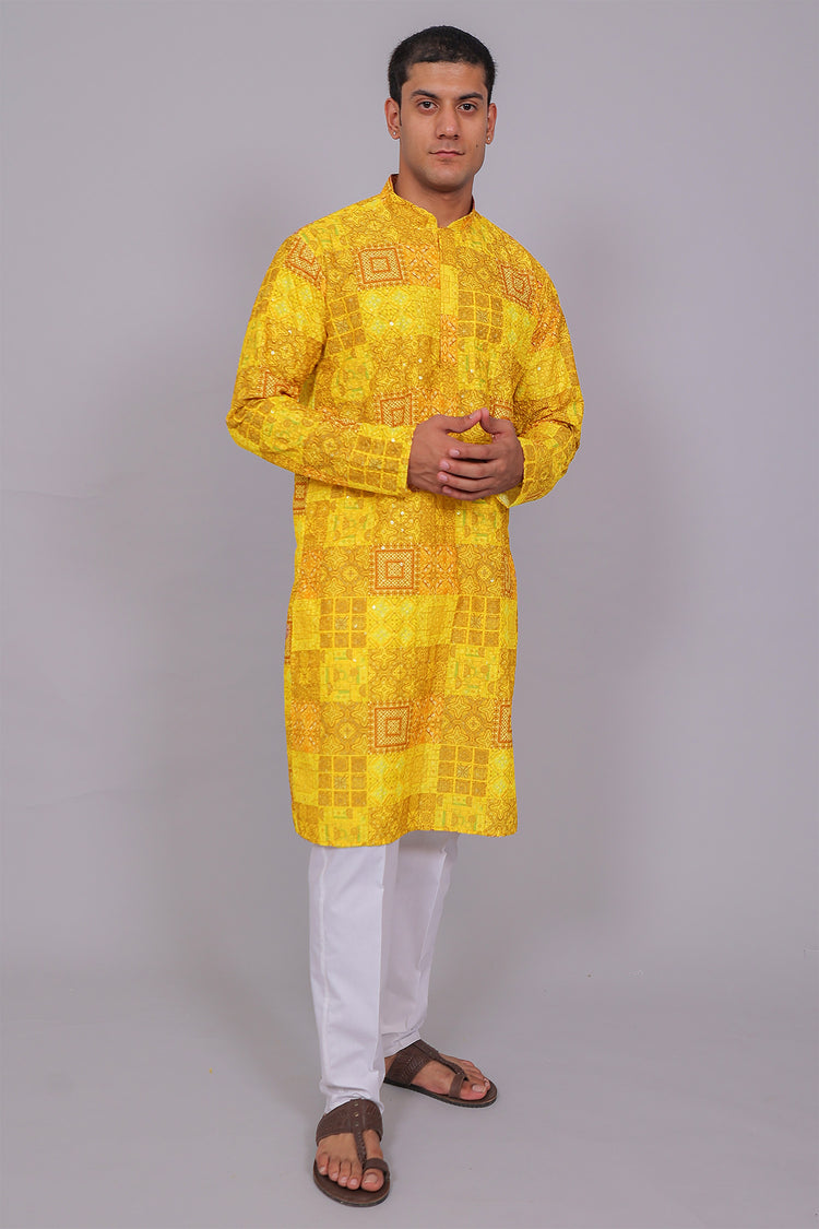 Bluesaanchi Men's Chikankari Threadwork & Sequin Kurta Set –Dark Yellow