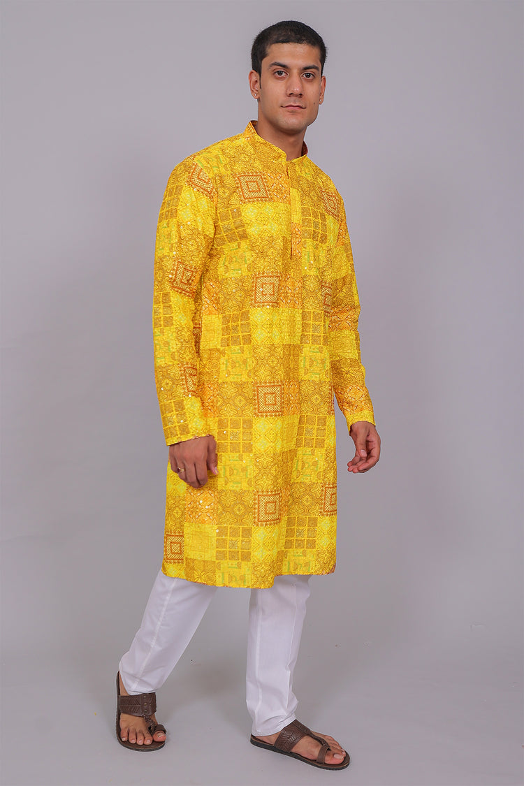 Bluesaanchi Men's Chikankari Threadwork & Sequin Kurta Set –Dark Yellow