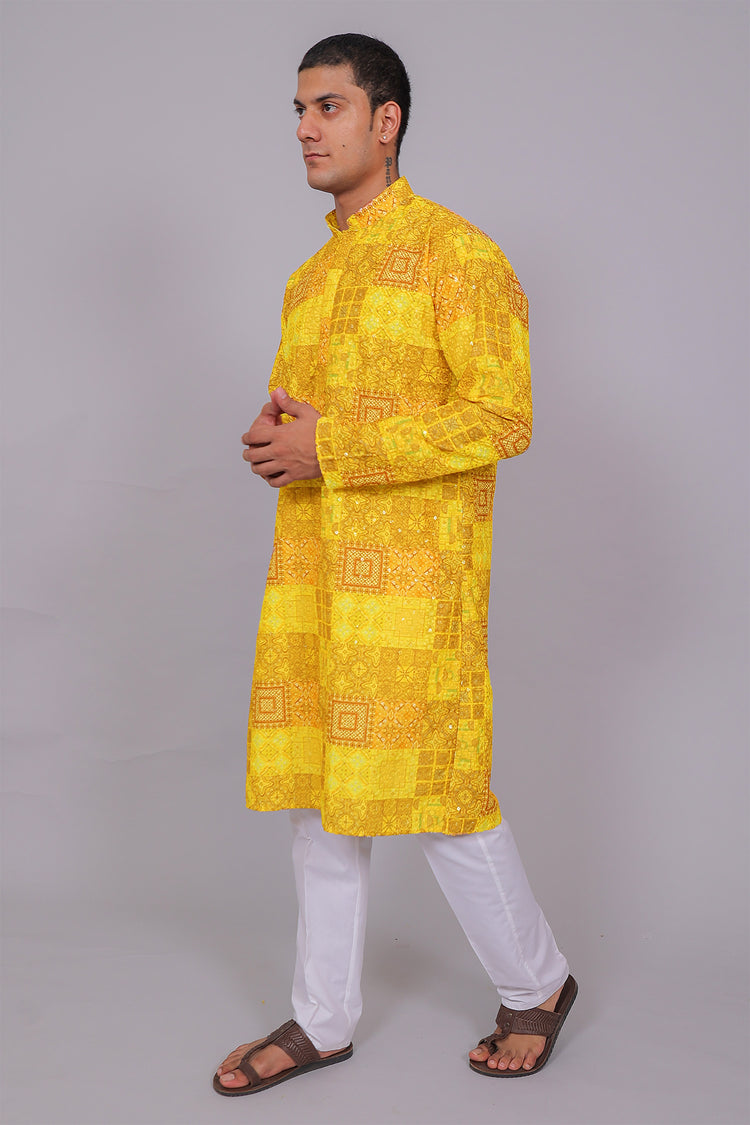 Bluesaanchi Men's Chikankari Threadwork & Sequin Kurta Set –Dark Yellow