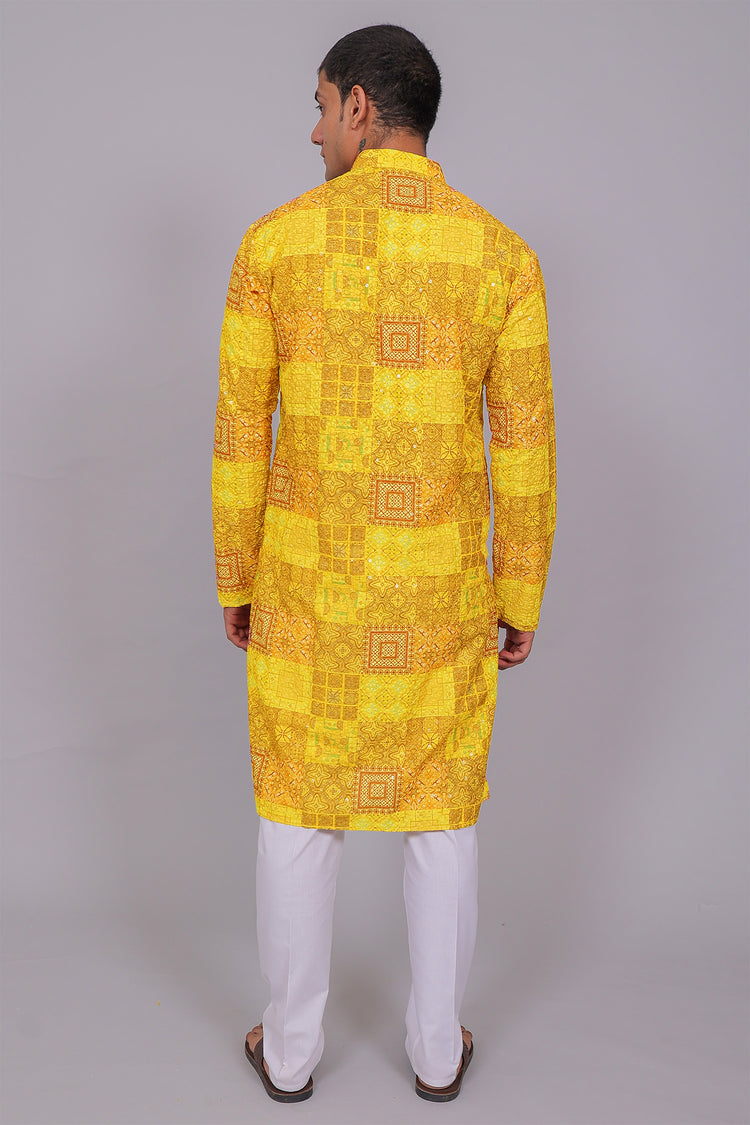 Bluesaanchi Men's Chikankari Threadwork & Sequin Kurta Set –Dark Yellow