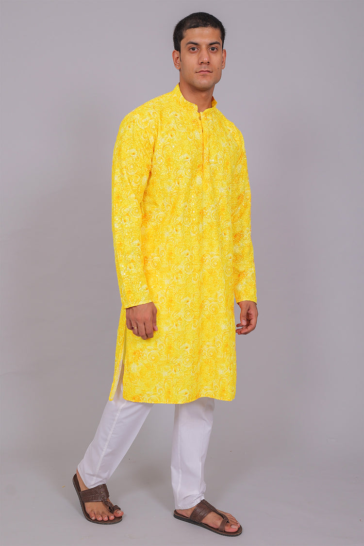 Bluesaanchi Men's Chikankari Threadwork & Sequin Kurta Set –Yellow