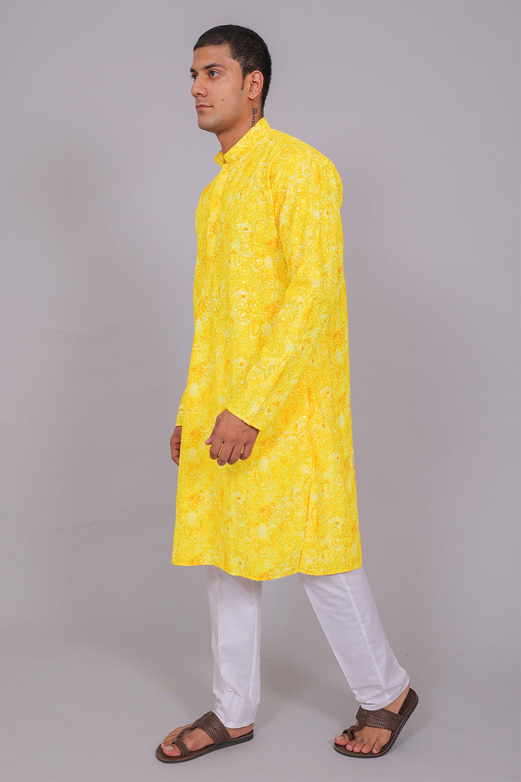 Bluesaanchi Men's Chikankari Threadwork & Sequin Kurta Set –Yellow