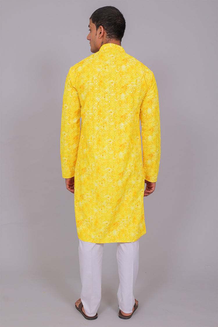 Bluesaanchi Men's Chikankari Threadwork & Sequin Kurta Set –Yellow