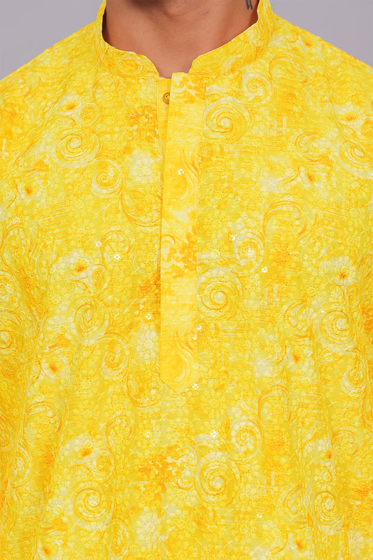 Bluesaanchi Men's Chikankari Threadwork & Sequin Kurta Set –Yellow