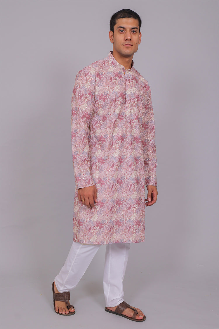 Bluesaanchi Men's Chikankari Threadwork & Sequin Kurta Set –Pink
