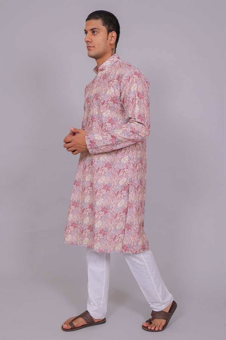 Bluesaanchi Men's Chikankari Threadwork & Sequin Kurta Set –Pink