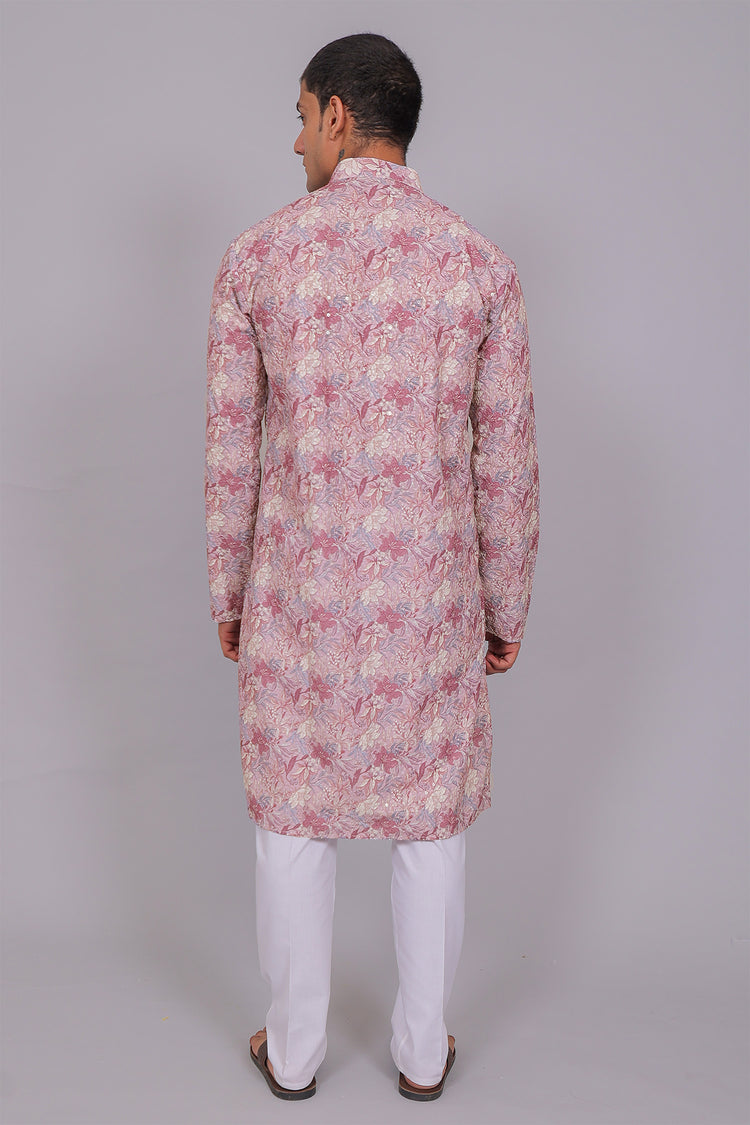 Bluesaanchi Men's Chikankari Threadwork & Sequin Kurta Set –Pink