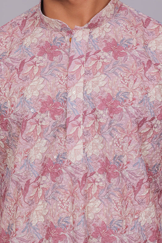 Bluesaanchi Men's Chikankari Threadwork & Sequin Kurta Set –Pink