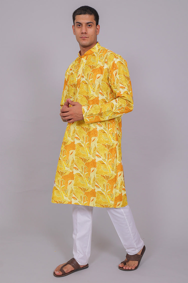 Bluesaanchi Men's Chikankari Threadwork & Sequin Kurta Set – Lemon Yellow