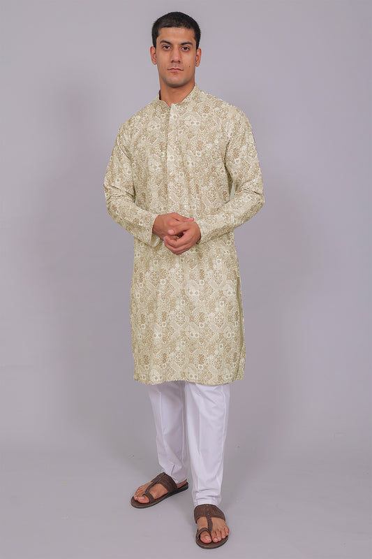 Bluesaanchi Men's Chikankari Threadwork & Sequin Kurta Set –Olive Green