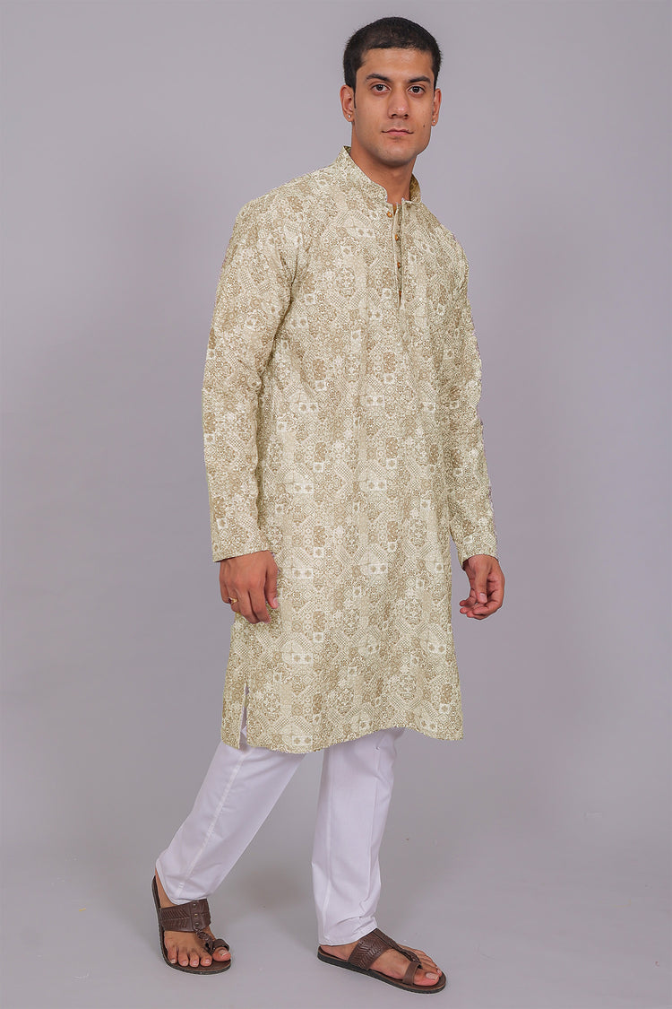 Bluesaanchi Men's Chikankari Threadwork & Sequin Kurta Set –Olive Green