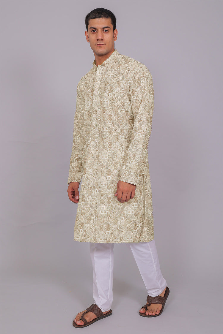 Bluesaanchi Men's Chikankari Threadwork & Sequin Kurta Set –Olive Green