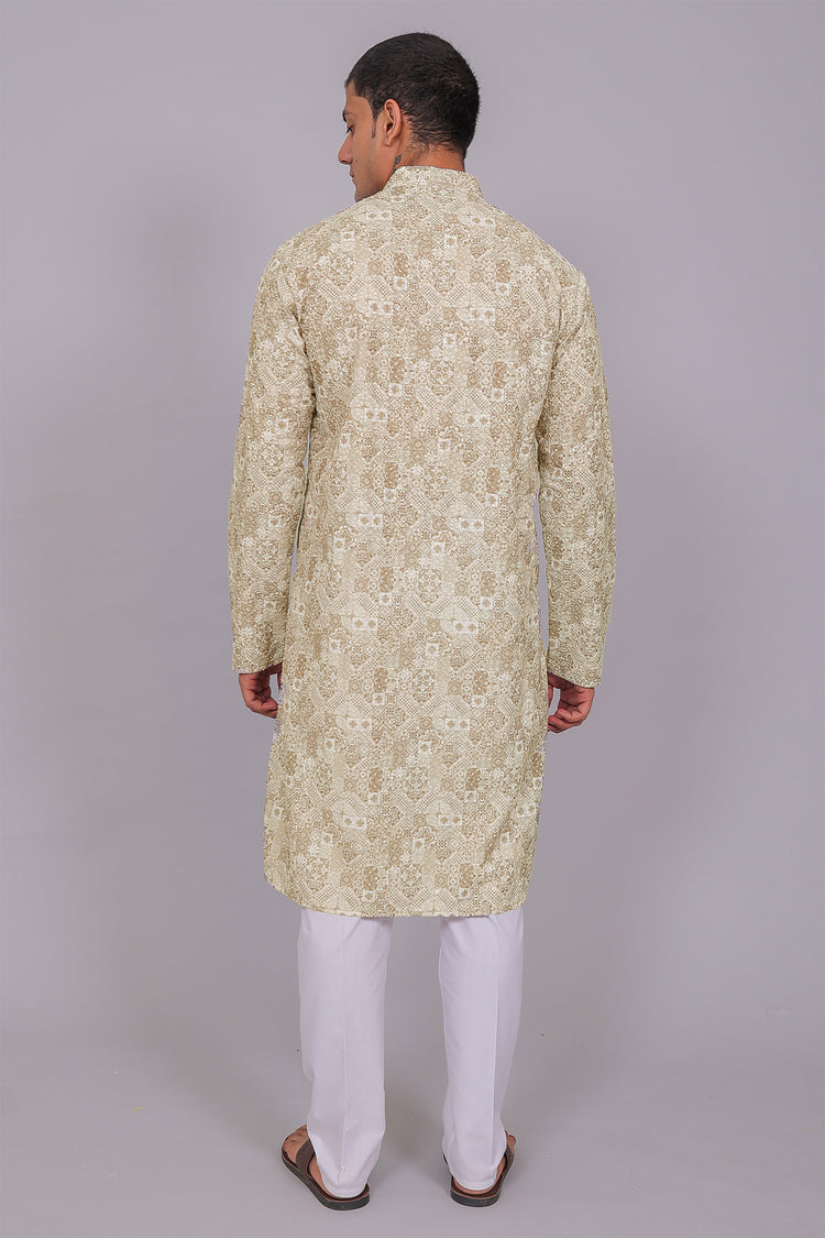 Bluesaanchi Men's Chikankari Threadwork & Sequin Kurta Set –Olive Green