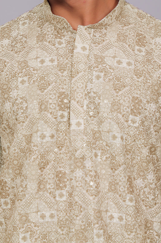 Bluesaanchi Men's Chikankari Threadwork & Sequin Kurta Set –Olive Green