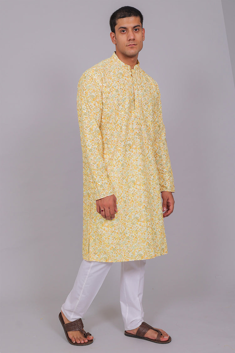 Bluesaanchi Men's Chikankari Threadwork & Sequin Kurta Set –White
