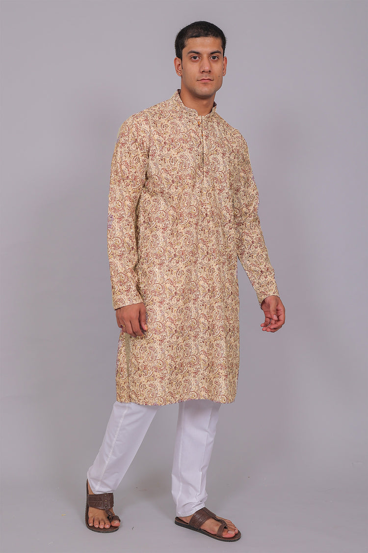Bluesaanchi Men's Chikankari Threadwork & Sequin Kurta Set –Cream & Mauve