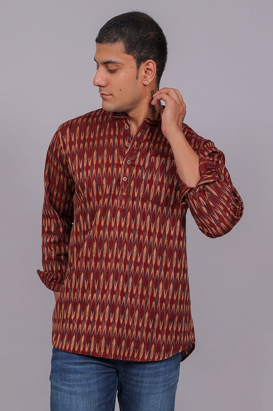 Bluebird Men's Maroon Ikat Printed Short Kurta