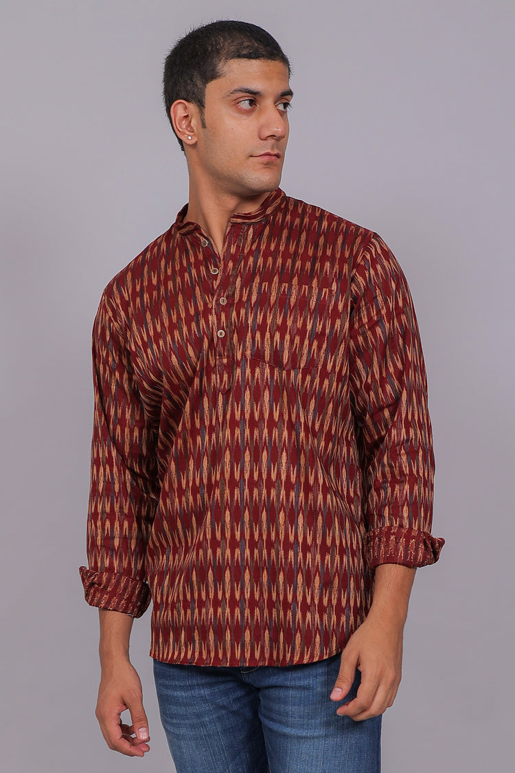 Bluebird Men's Maroon Ikat Printed Short Kurta