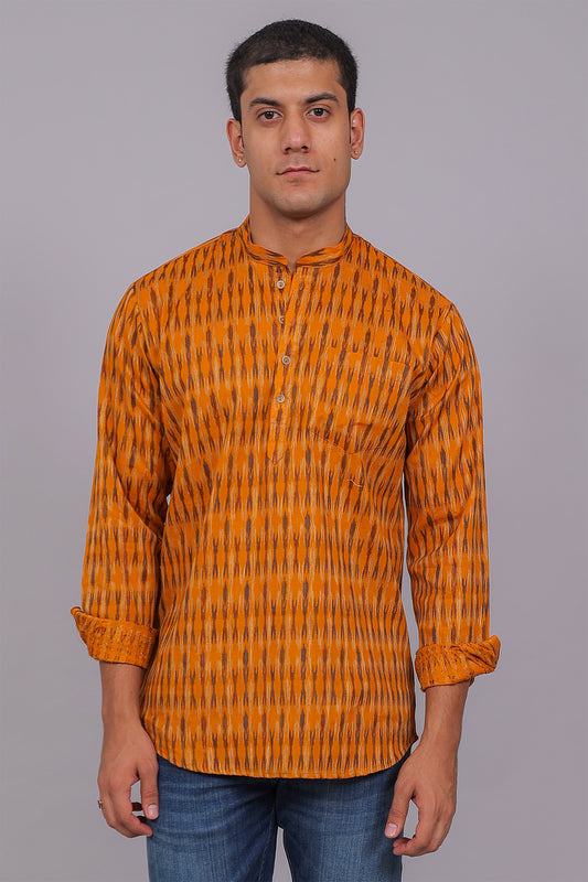 Bluebird Men's Orange Ikat Printed Short Kurta