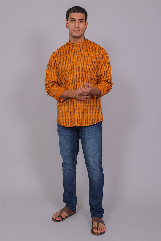 Bluebird Men's Orange Ikat Printed Short Kurta