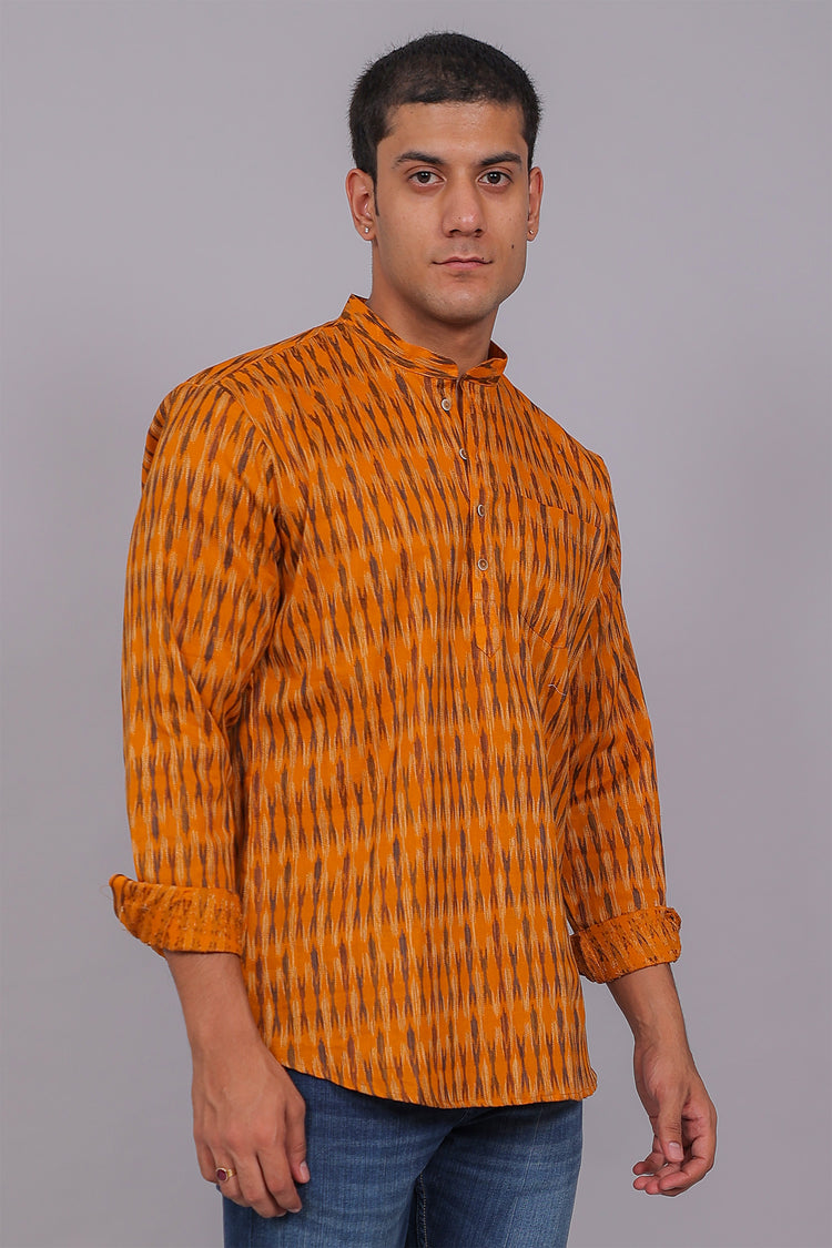 Bluebird Men's Orange Ikat Printed Short Kurta