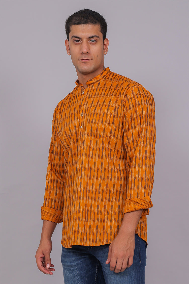 Bluebird Men's Orange Ikat Printed Short Kurta