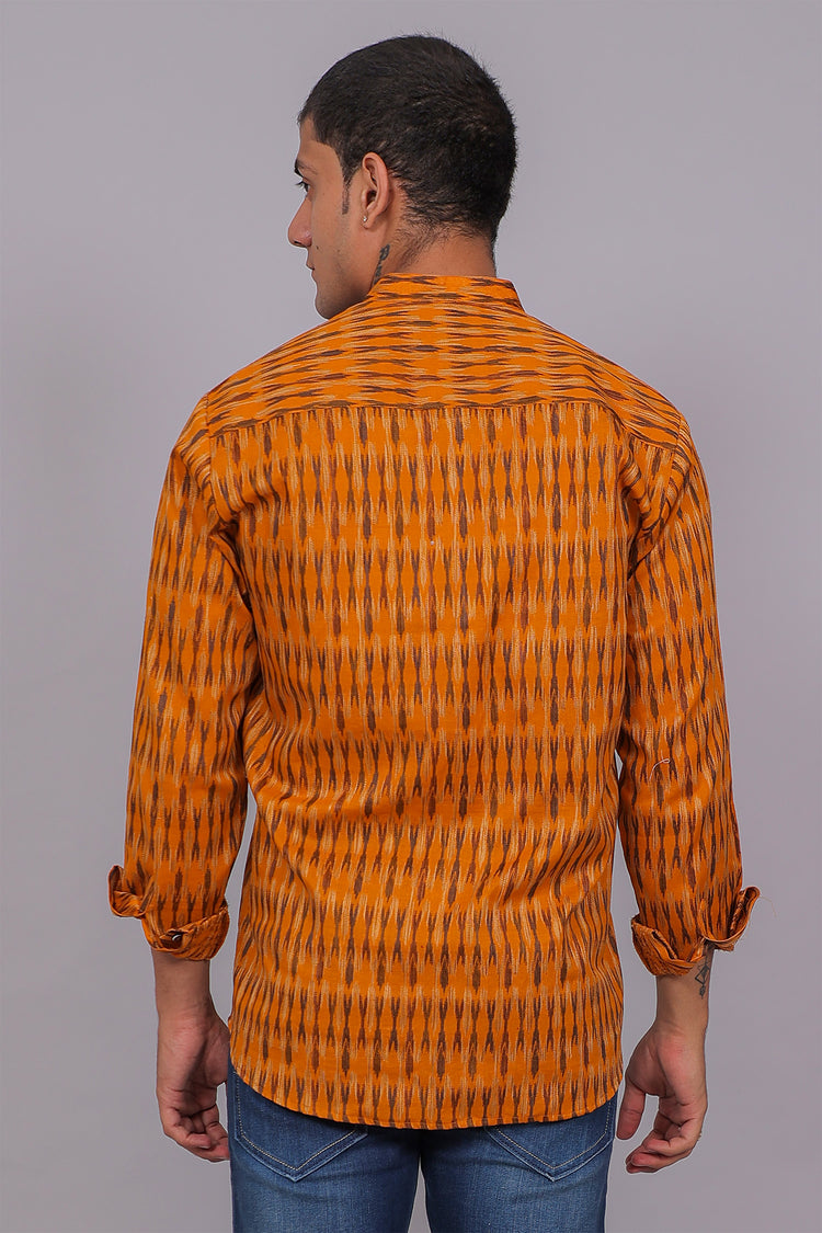 Bluebird Men's Orange Ikat Printed Short Kurta