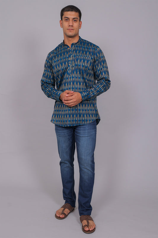 Bluebird Men's Blue Ikat Printed Short Kurta
