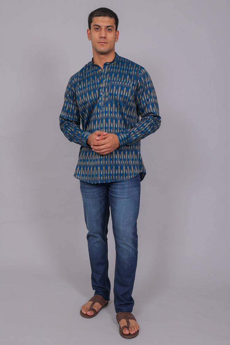 Bluebird Men's Blue Ikat Printed Short Kurta