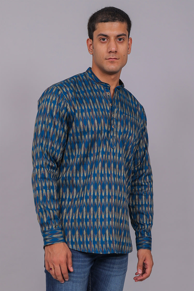 Bluebird Men's Blue Ikat Printed Short Kurta