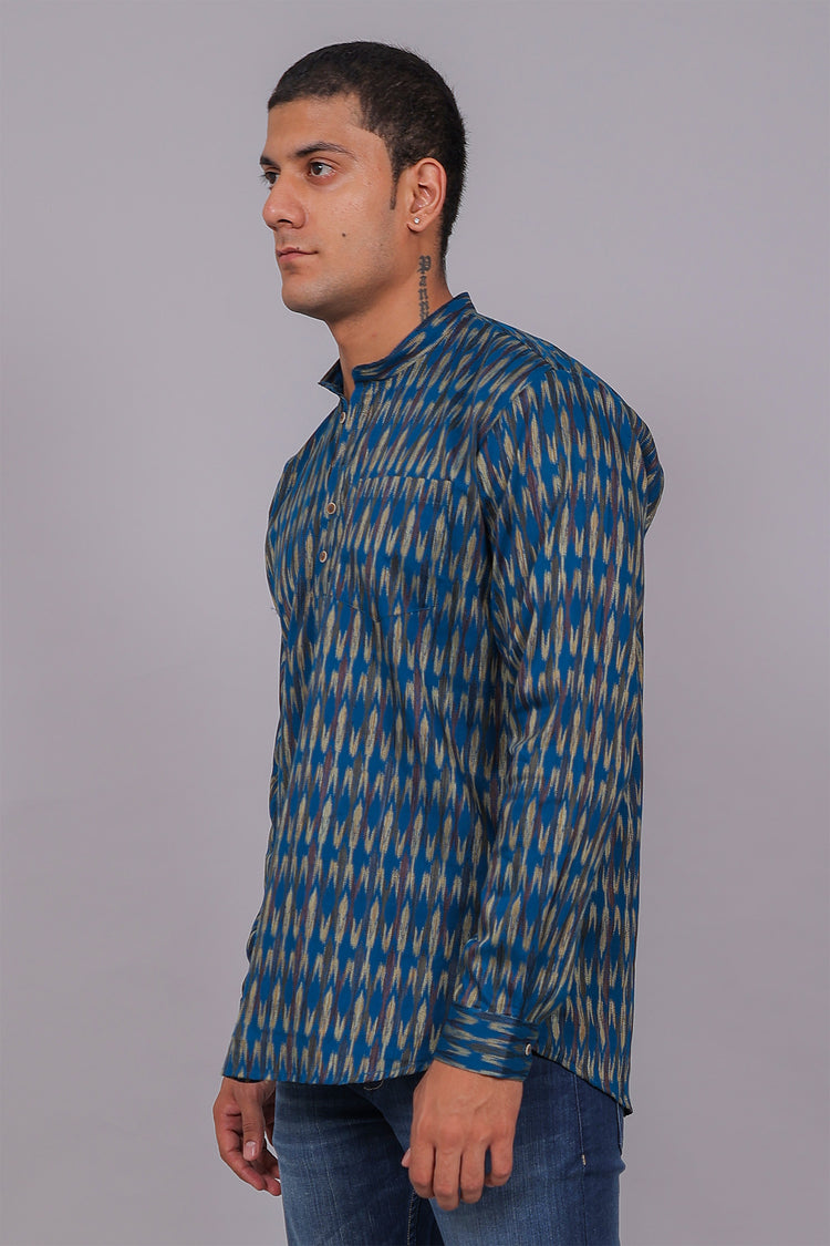Bluebird Men's Blue Ikat Printed Short Kurta