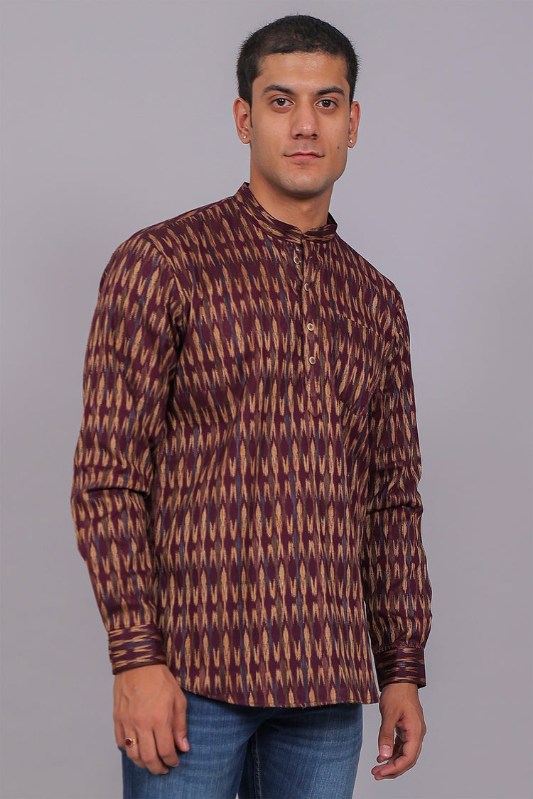 Bluebird Men's Purple Ikat Printed Short Kurta