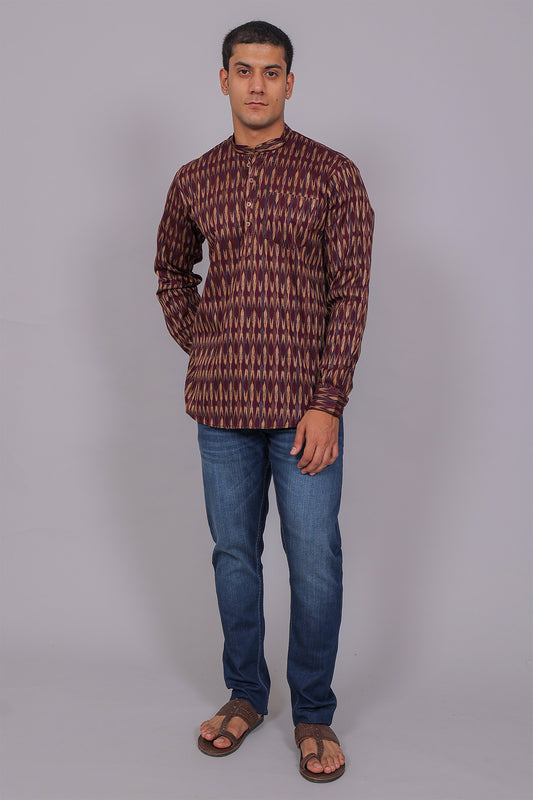 Bluebird Men's Purple Ikat Printed Short Kurta