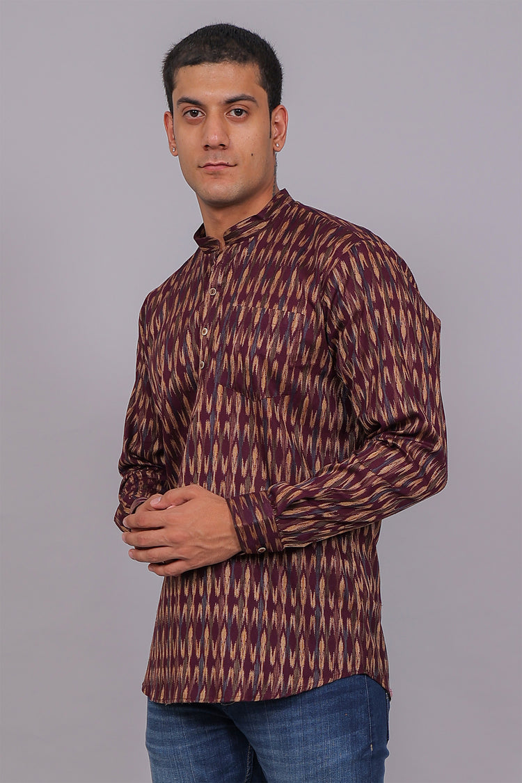 Bluebird Men's Purple Ikat Printed Short Kurta