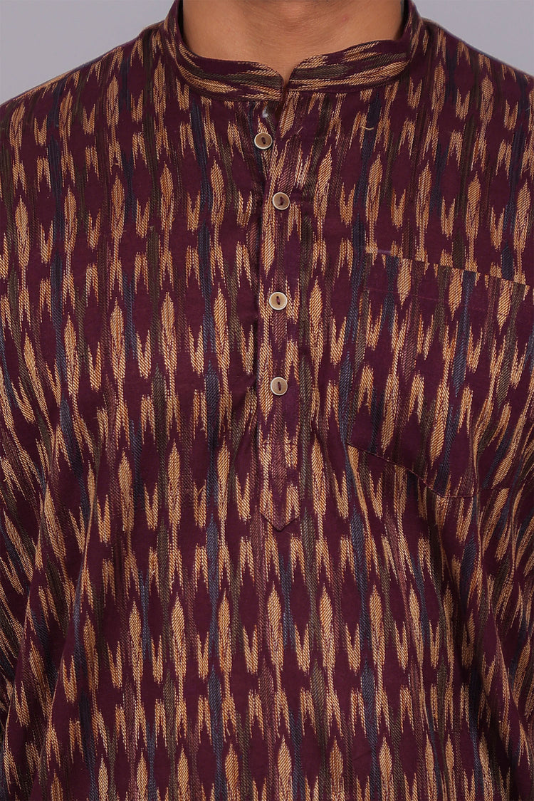 Bluebird Men's Purple Ikat Printed Short Kurta